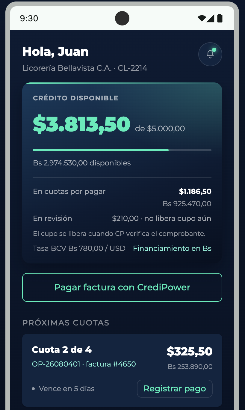 App de CrediPower en el celular del PDV